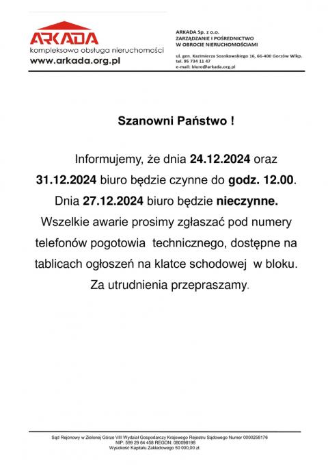 Informacje dot. otwarcia naszych biur w okresie świątecznym 