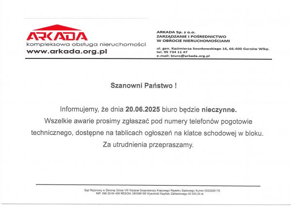 Biuro nieczynne dnia 20.06.2025