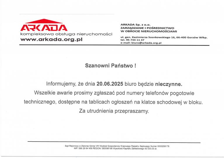 Biuro nieczynne dnia 20.06.2025