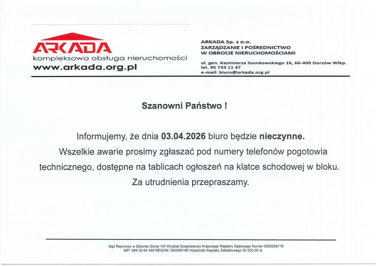 W dniu 30.04.2026r. nasze biura będą czynne do godz. 14:00 
