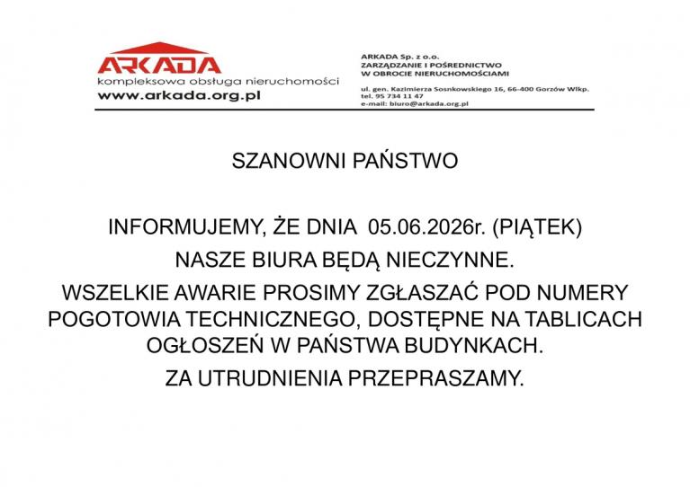 W dniu 05.06.2026r. nasze biura będą nieczynne