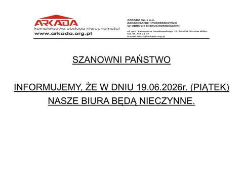 W dniu 19.06.2026r. nasze biura będą nieczynne
